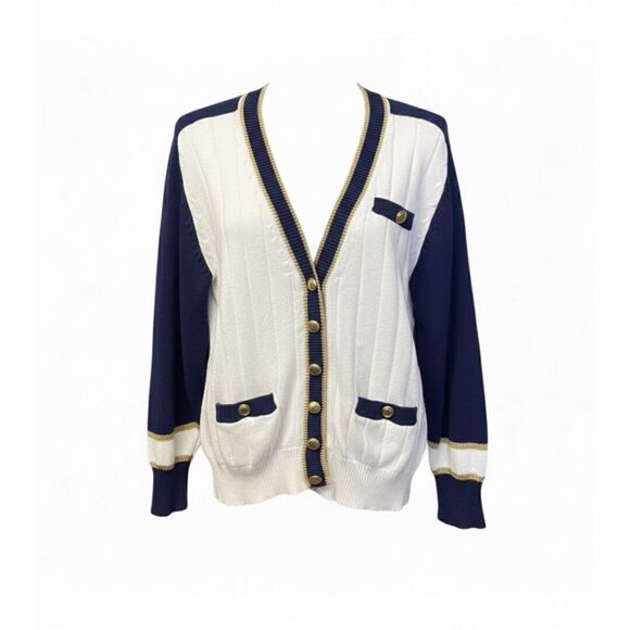 Vintage Pierre Cardin knit gold navy and white sweater cardigan size M - Picture 3 of 11